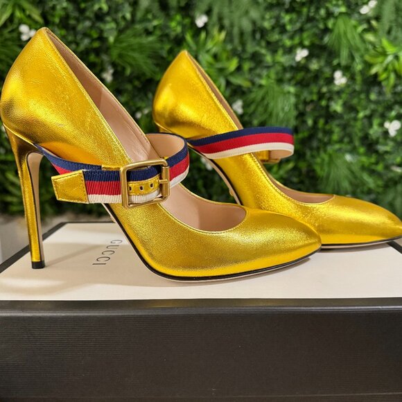 Gucci Sylvie Gold Mary Jane Pumps Heels Web Stripe RARE 7/37.5 EUC - Picture 1 of 9